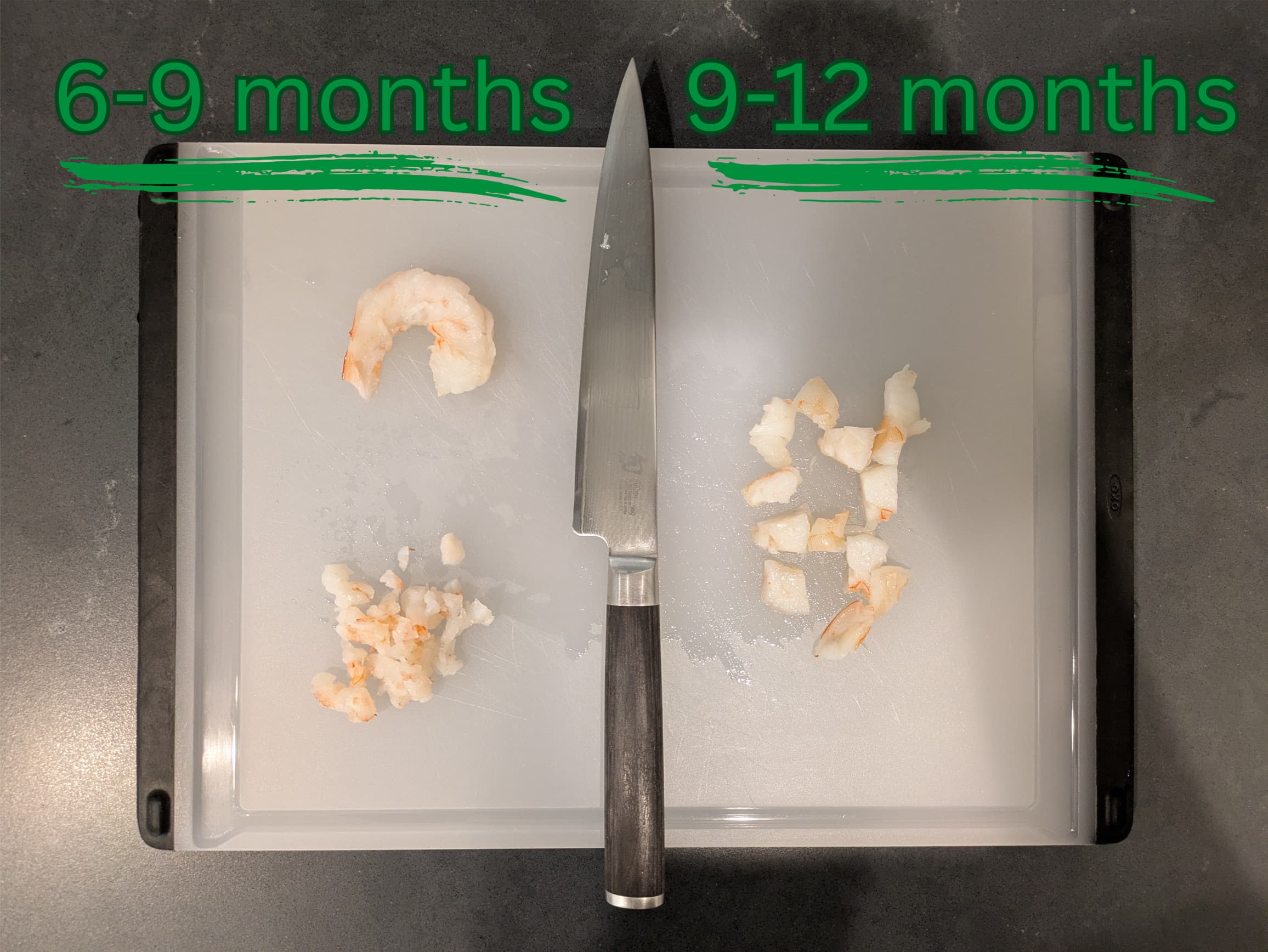 A photograph of a cutting board on a dark counter with 3 different preparations of shrimp for baby-led weaning