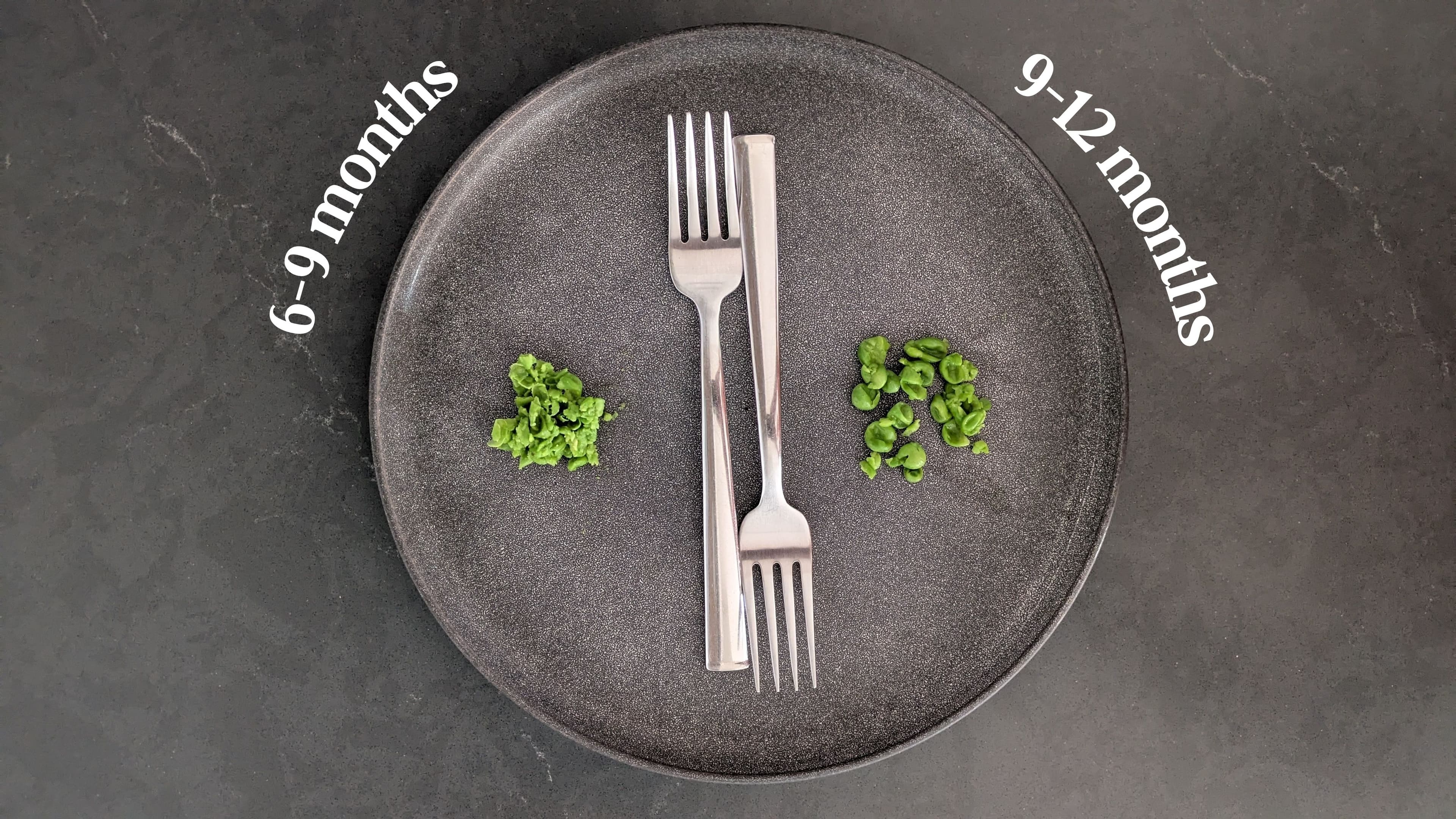 A photograph of a plate on a dark counter with 2 preparations of peas for baby-led-weaning